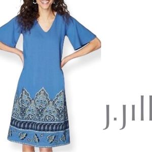 J. Jill Blue V‑Neck Midi Dress with Paisley Border